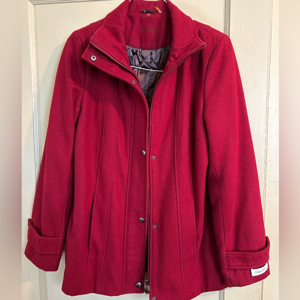 Women’s burgundy wool blend winter coat by Calvin Klein.